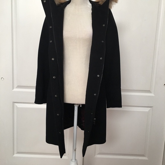 MARC New York black fur trim hooded wool coat zipper and snap closure pockets - Picture 16 of 16